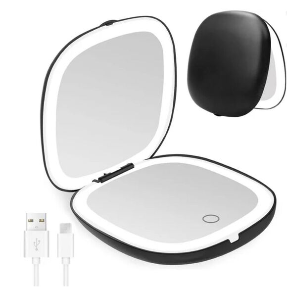 Compact Black Portable Lighted LED Makeup Mirror 1X/10X Magnification NEW - Picture 2 of 8